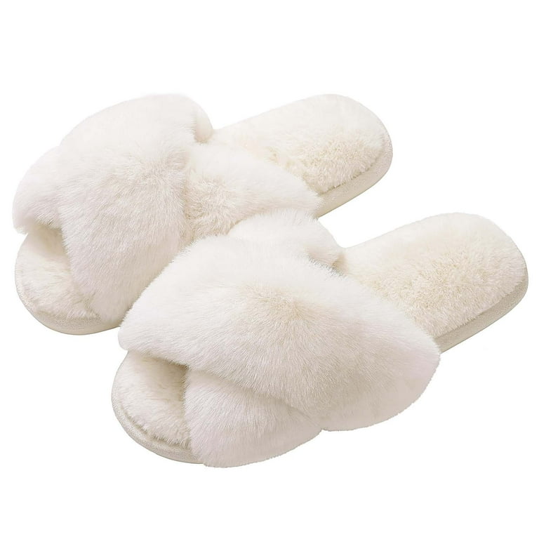 Litfun Women’s Memory Foam Fuzzy Slippers – Open Toe Cross Band Cozy House Shoes with Non-Slip Sole | AmazPromo