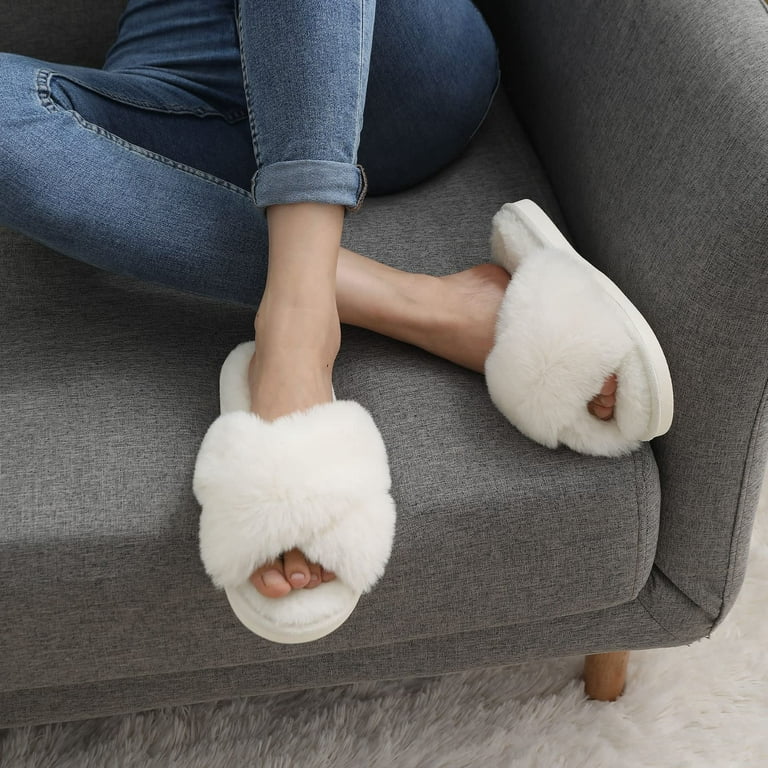 Litfun Women’s Memory Foam Fuzzy Slippers – Open Toe Cross Band Cozy House Shoes with Non-Slip Sole | AmazPromo