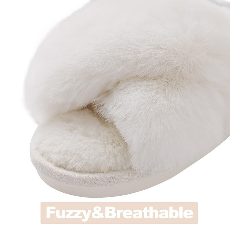 Litfun Women’s Memory Foam Fuzzy Slippers – Open Toe Cross Band Cozy House Shoes with Non-Slip Sole | AmazPromo