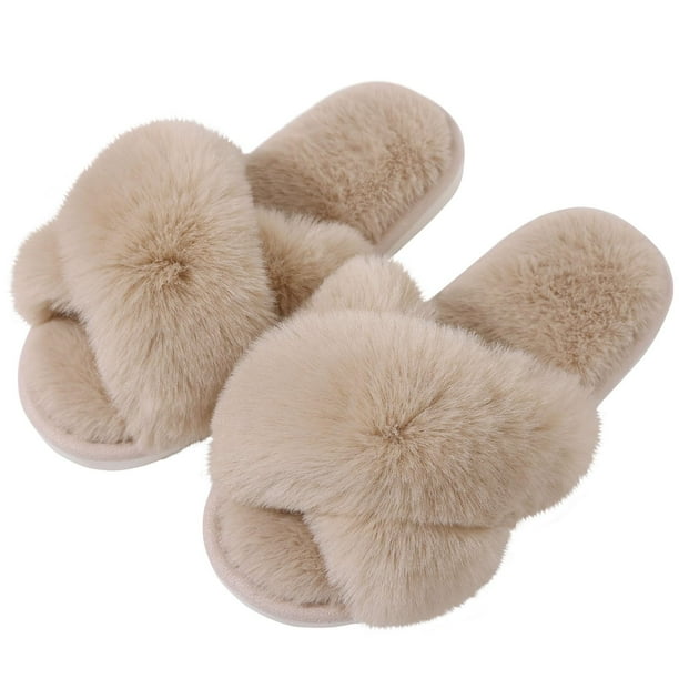Litfun Fuzzy Cross Band Memory Foam Slippers for Women – Open Toe Cozy House Shoes with Non-Slip Sol | AmazPromo