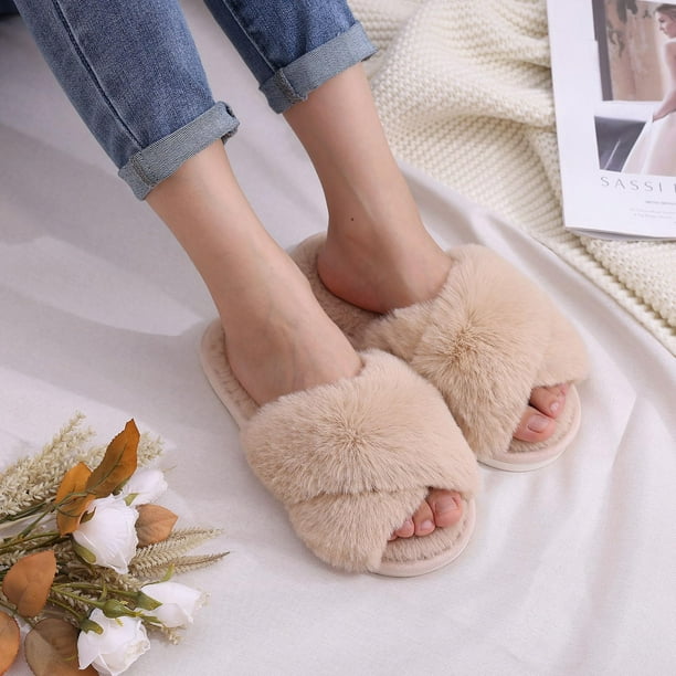 Litfun Fuzzy Cross Band Memory Foam Slippers for Women – Open Toe Cozy House Shoes with Non-Slip Sol | AmazPromo