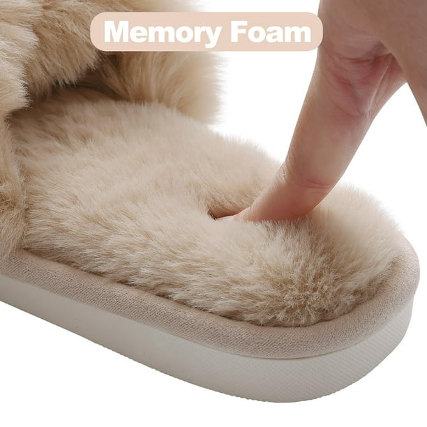 Litfun Fuzzy Cross Band Memory Foam Slippers for Women – Open Toe Cozy House Shoes with Non-Slip Sol extra image