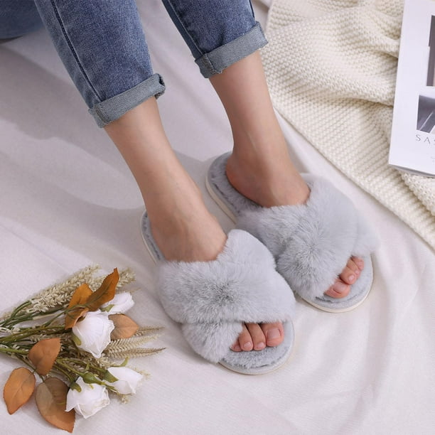 Litfun Fuzzy Memory Foam Slippers for Women – Open Toe Cross Band House Slides with Non-Slip Sole – | AmazPromo