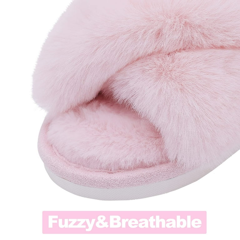 Litfun Fuzzy Memory Foam Slippers for Women – Open Toe Cross Band House Slides, Comfy Indoor Outdoor | AmazPromo