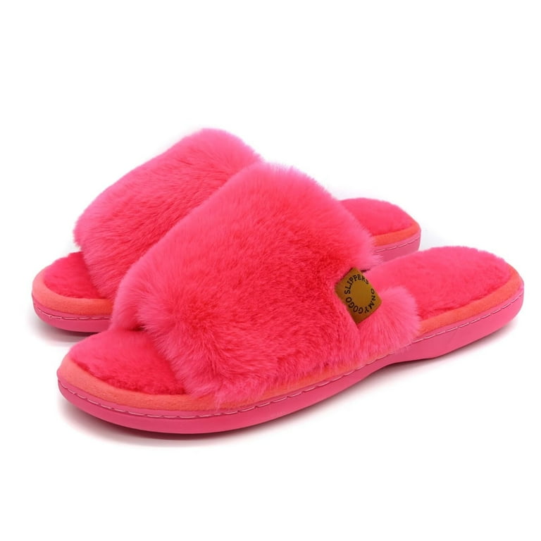 Onmygogo Women's Fuzzy Open Toe Memory Foam Slippers – Soft Faux Fur Indoor House Shoes, Anti-Slip | AmazPromo
