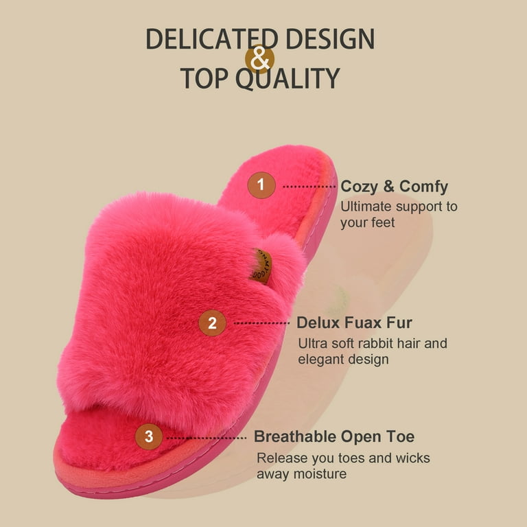 Onmygogo Women's Fuzzy Open Toe Memory Foam Slippers – Soft Faux Fur Indoor House Shoes, Anti-Slip | AmazPromo