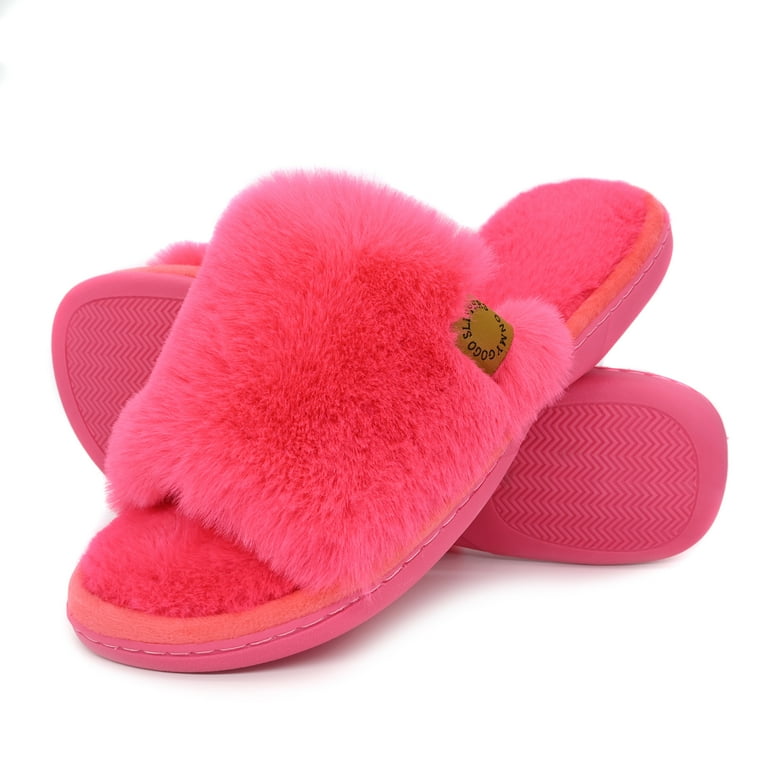 Onmygogo Women's Fuzzy Open Toe Memory Foam Slippers – Soft Faux Fur Indoor House Shoes, Anti-Slip | AmazPromo