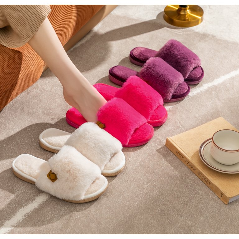 Onmygogo Women's Fuzzy Open Toe Memory Foam Slippers – Soft Faux Fur Indoor House Shoes, Anti-Slip extra image