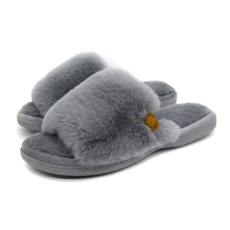 Onmygogo Women’s Fuzzy Memory Foam Slippers – Soft Open Toe Faux Fur House Slides with Anti-Slip Sol | AmazPromo