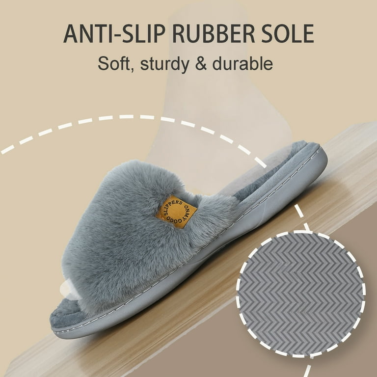 Onmygogo Women’s Fuzzy Memory Foam Slippers – Soft Open Toe Faux Fur House Slides with Anti-Slip Sol | AmazPromo