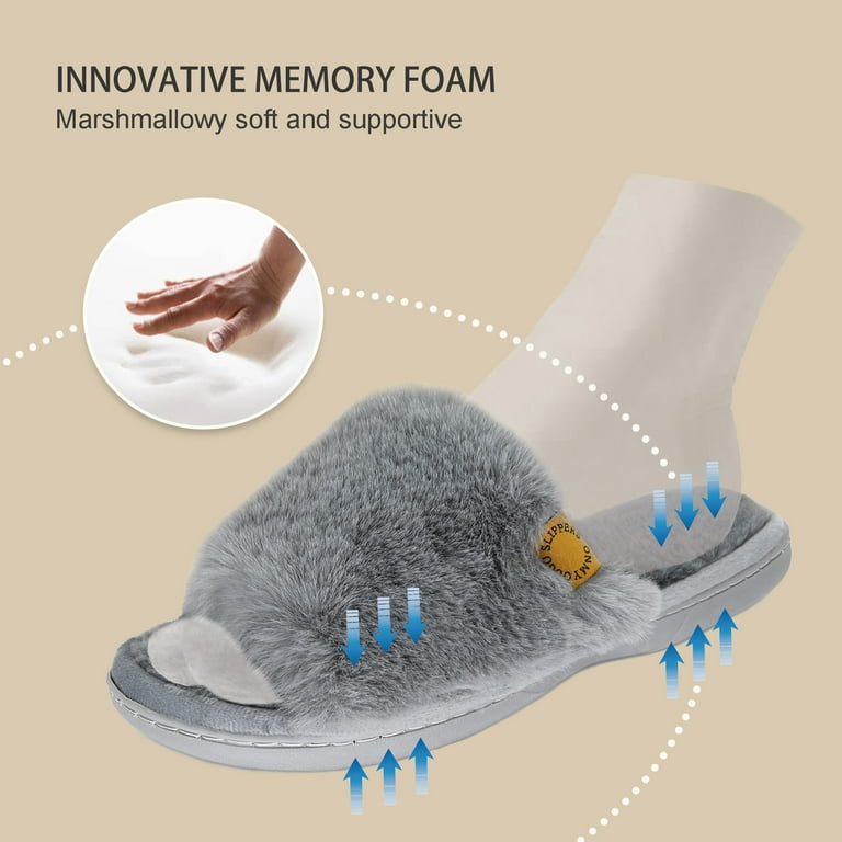 Onmygogo Women’s Fuzzy Memory Foam Slippers – Soft Open Toe Faux Fur House Slides with Anti-Slip Sol | AmazPromo