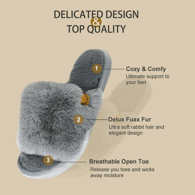 Onmygogo Women’s Fuzzy Memory Foam Slippers – Soft Open Toe Faux Fur House Slides with Anti-Slip Sol extra image