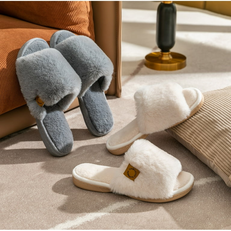Onmygogo Women’s Fuzzy Memory Foam Slippers – Soft Open Toe Faux Fur House Slides with Anti-Slip Sol extra image