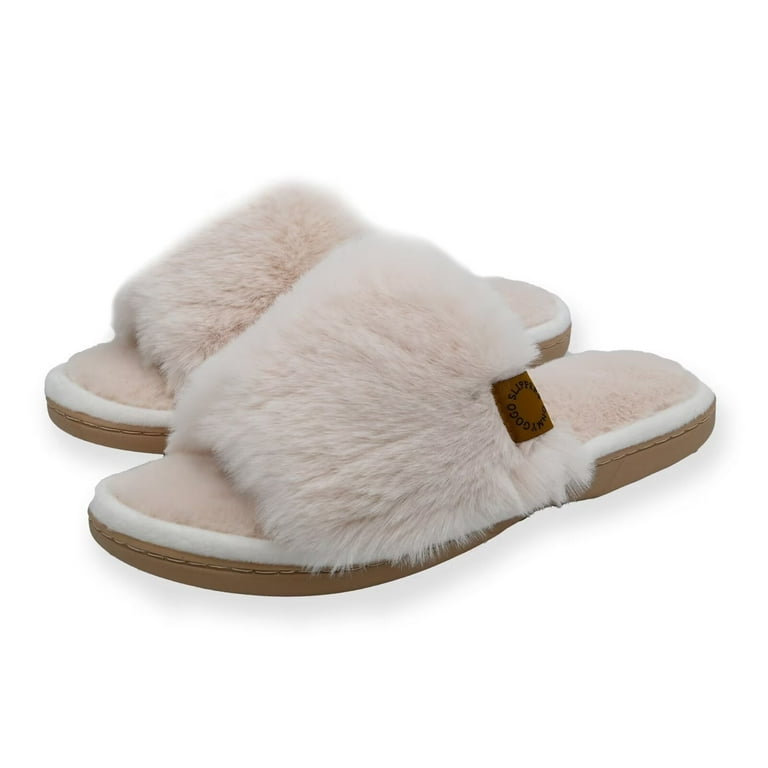 Onmygogo Women's Fuzzy Memory Foam Slippers – Open Toe, Soft Faux Fur, Anti-Slip Indoor House Shoes | AmazPromo