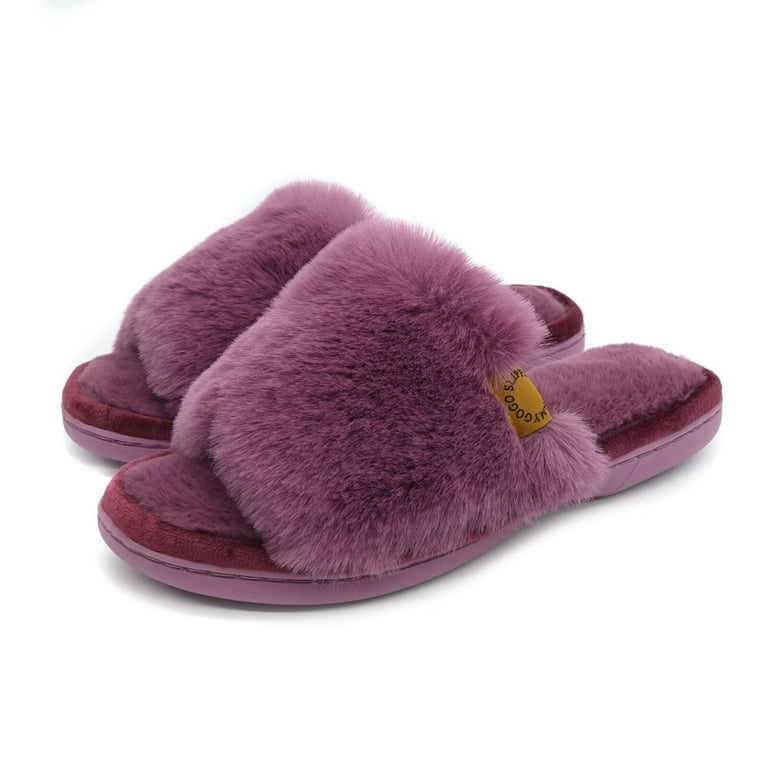 Onmygogo Women's Fuzzy Open Toe Memory Foam Slippers – Soft Faux Fur, Non-Slip Indoor House Shoes | AmazPromo