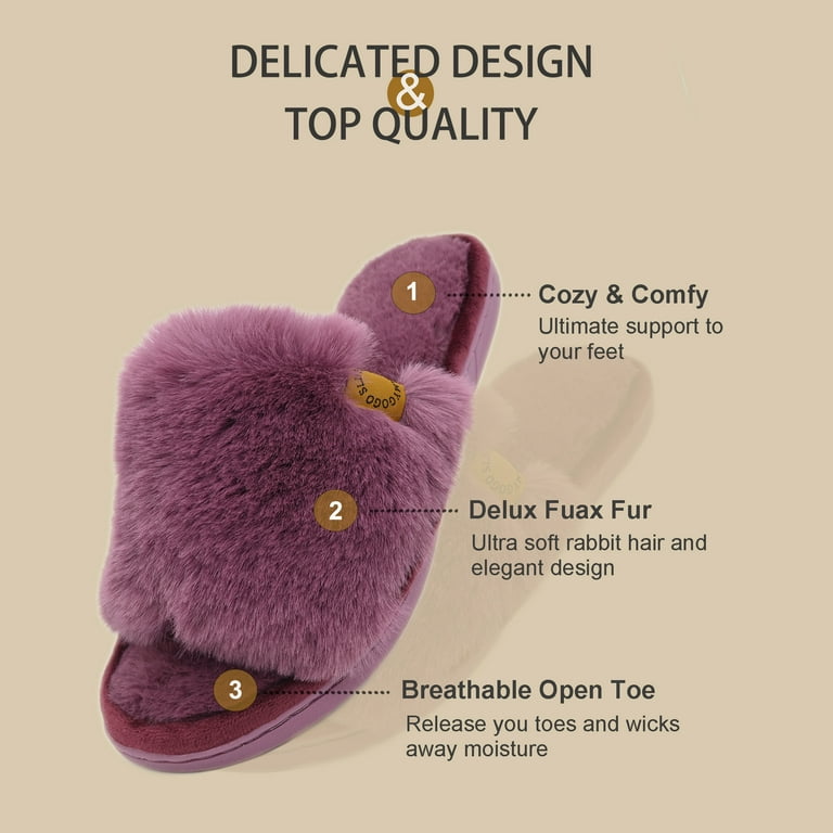 Onmygogo Women's Fuzzy Open Toe Memory Foam Slippers – Soft Faux Fur, Non-Slip Indoor House Shoes | AmazPromo