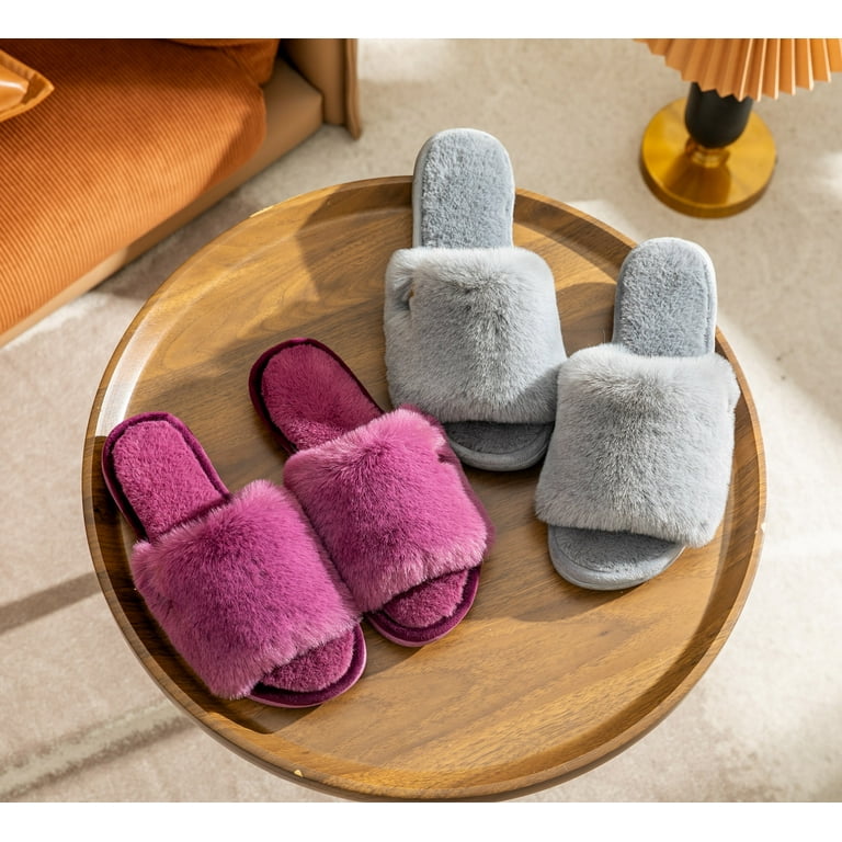 Onmygogo Women's Fuzzy Open Toe Memory Foam Slippers – Soft Faux Fur, Non-Slip Indoor House Shoes extra image