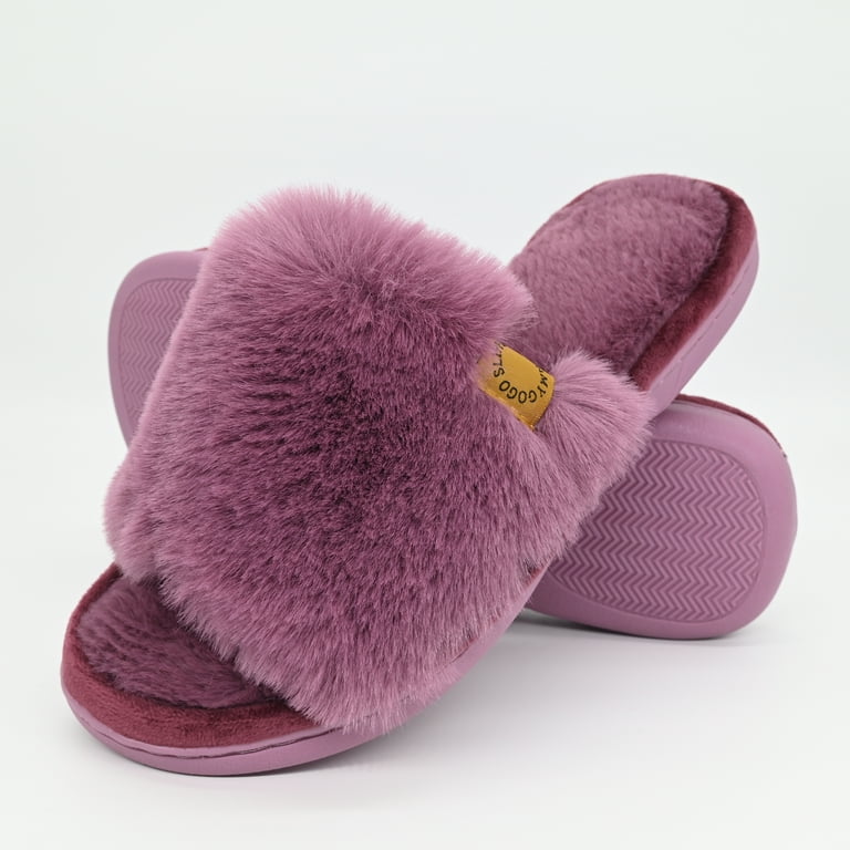 Onmygogo Women's Fuzzy Open Toe Memory Foam Slippers – Soft Faux Fur, Non-Slip Indoor House Shoes extra image