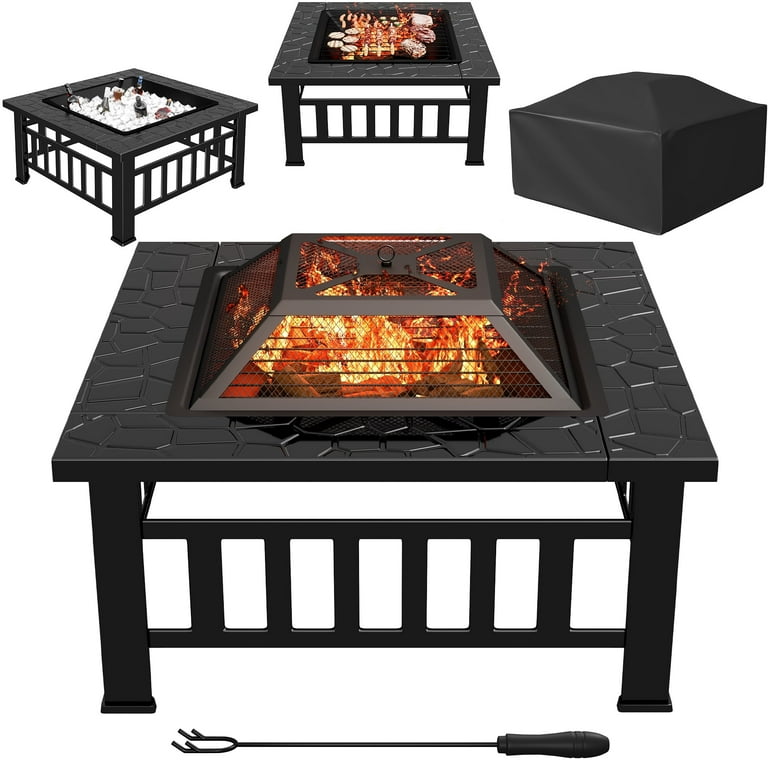 Lacoo 32" Outdoor Fire Pit Table with Ice Bucket & Mesh Lid – 4-in-1 Square Patio Heater, BBQ Grill | AmazPromo