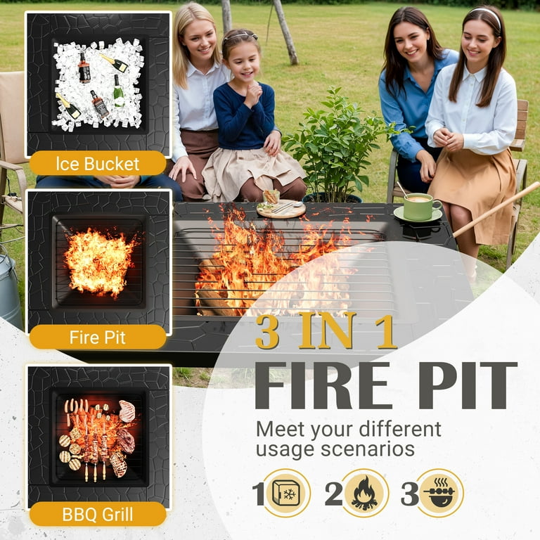 Lacoo 32" Outdoor Fire Pit Table with Ice Bucket & Mesh Lid – 4-in-1 Square Patio Heater, BBQ Grill extra image