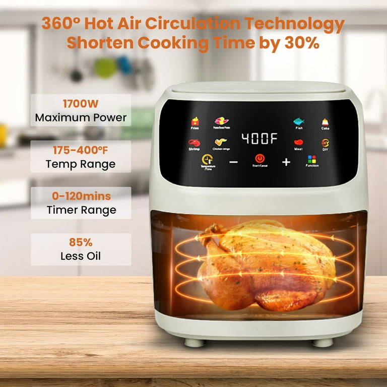 Bluebow 7.5QT Air Fryer, 8-in-1 Digital Touchscreen with Glass Viewing Window, 1700W, Cream White | AmazPromo