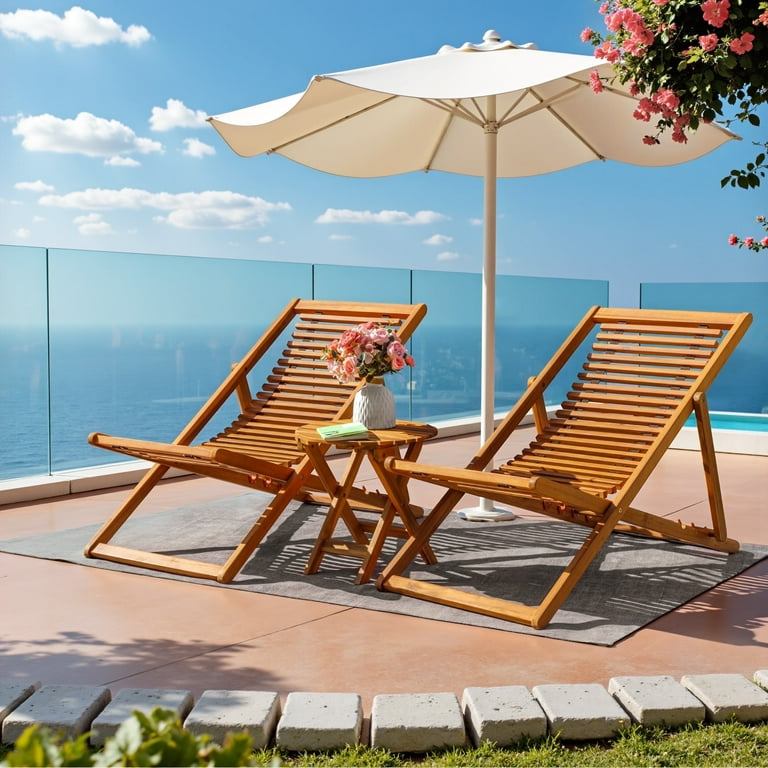 Devoko 3-Piece Folding Acacia Wood Patio Bistro Set with Chaise Lounge – Adjustable Outdoor Lounge | AmazPromo