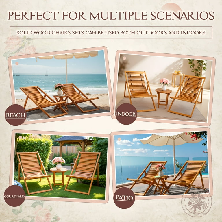 Devoko 3-Piece Folding Acacia Wood Patio Bistro Set with Chaise Lounge – Adjustable Outdoor Lounge | AmazPromo