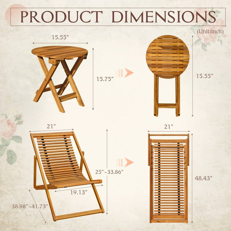 Devoko 3-Piece Folding Acacia Wood Patio Bistro Set with Chaise Lounge – Adjustable Outdoor Lounge extra image
