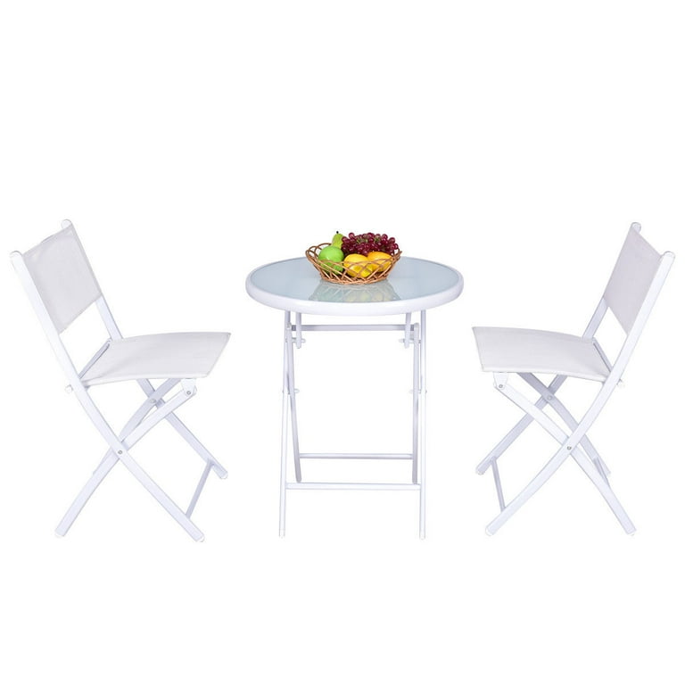 Costway 3-Piece Folding Bistro Set with Tempered Glass Table & 2 Chairs – White Outdoor Patio | AmazPromo
