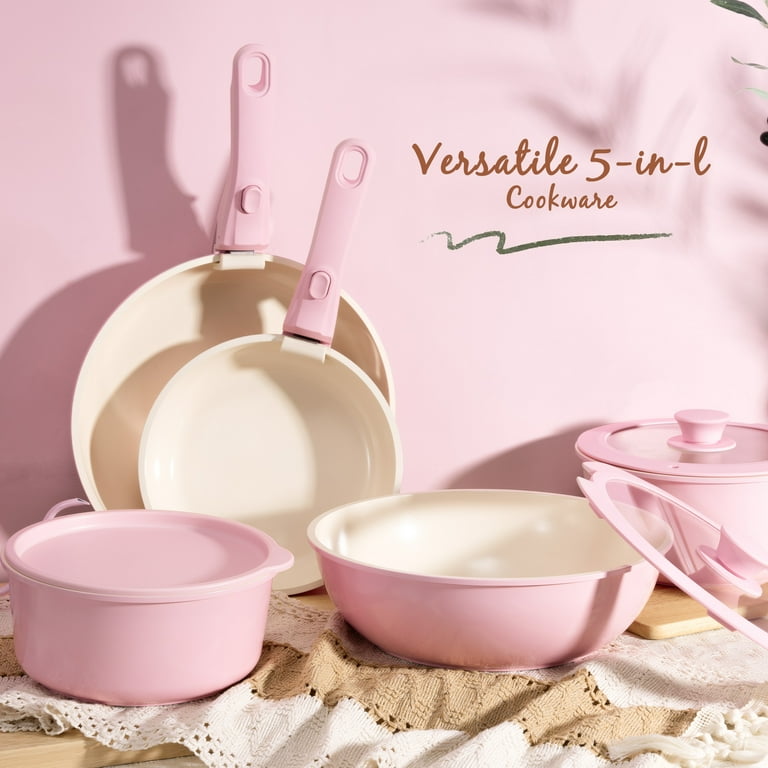 Astercook 20-Piece Pink Ceramic Cookware Set with Detachable Handles, Nonstick Pots & Pans | AmazPromo