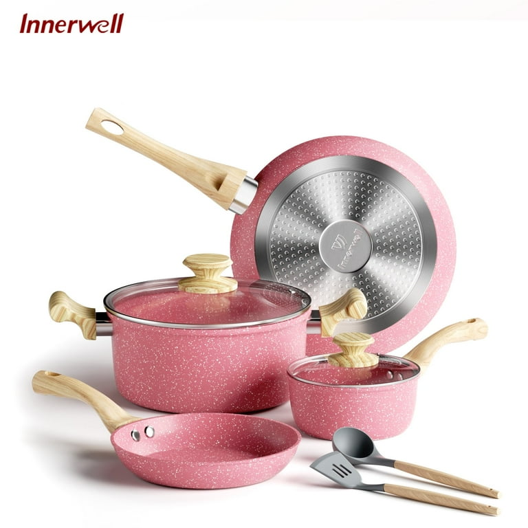 Innerwell 8-Piece Granite Nonstick Cookware Set with Induction Base, Pink Pots and Pans Set | AmazPromo