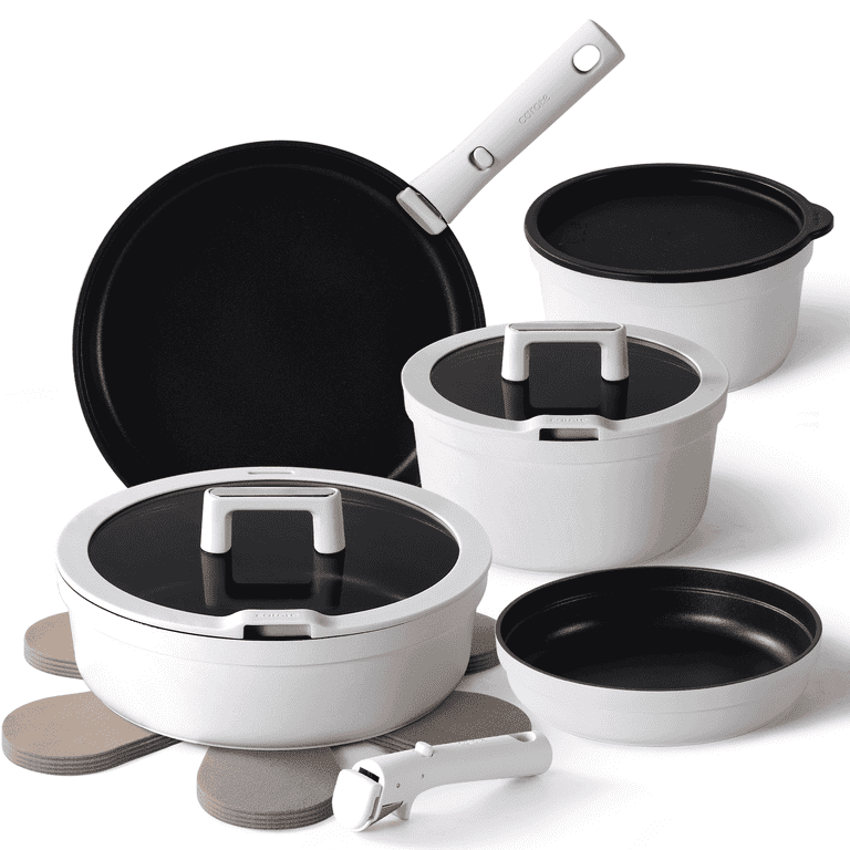 Carote 14 Piece Non Stick Pots and Pans Set with Detachable Handles, White Granite Induction | AmazPromo