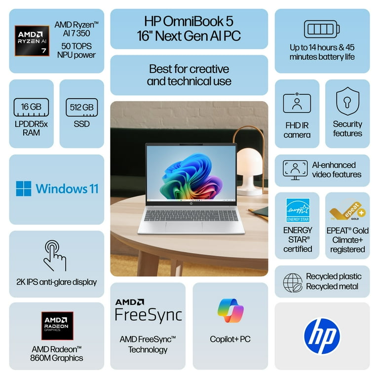 HP OmniBook 5 16" 2K AI Laptop, AMD Ryzen AI 7 350, 16GB LPDDR5x RAM, 512GB SSD, Copilot+ PC, Wi-Fi | AmazPromo