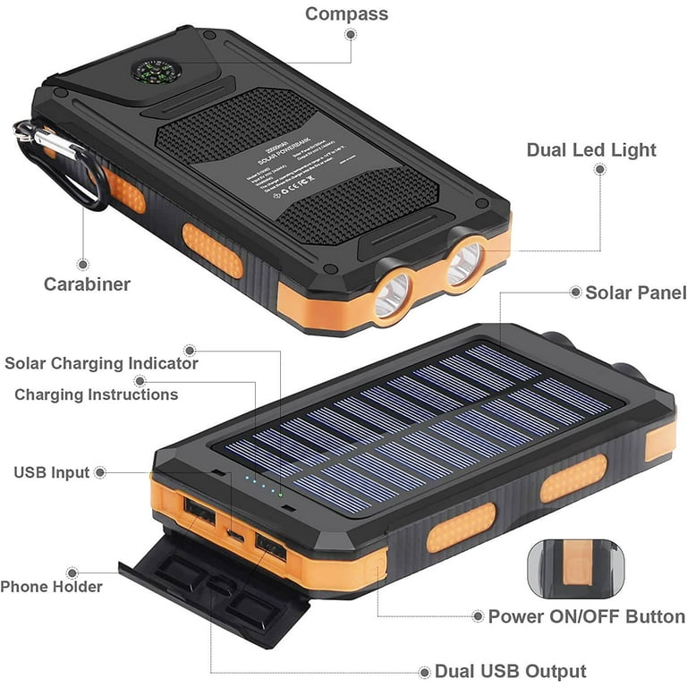 SOLPOWBEN 20000mAh Solar Power Bank, Waterproof Portable Phone Charger with Dual USB, LED Flashlight | AmazPromo