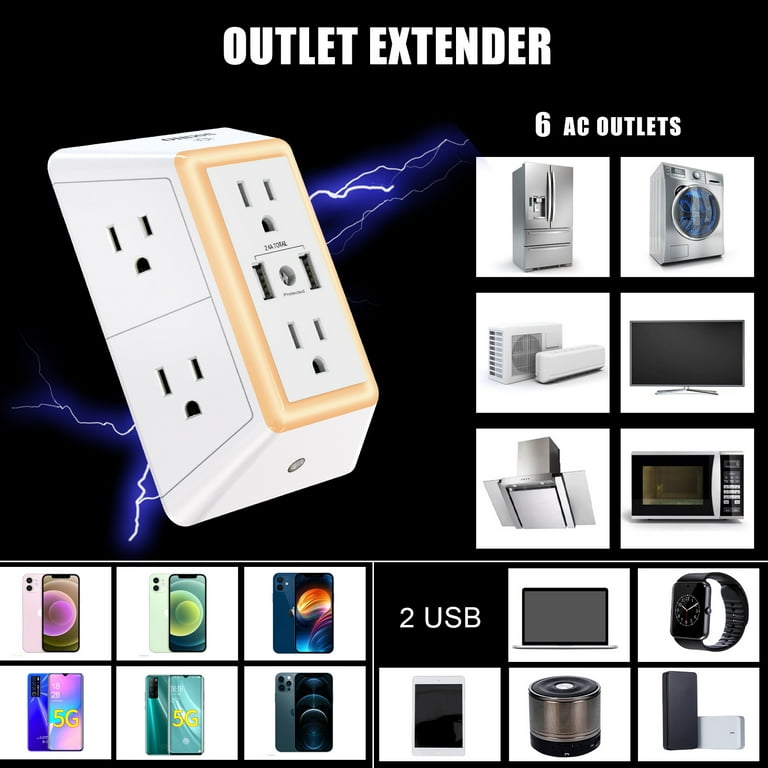 ONDOG 3-Sided Outlet Extender with 6 AC Outlets & 2 USB Ports, Wall Plug Splitter Surge Protector | AmazPromo