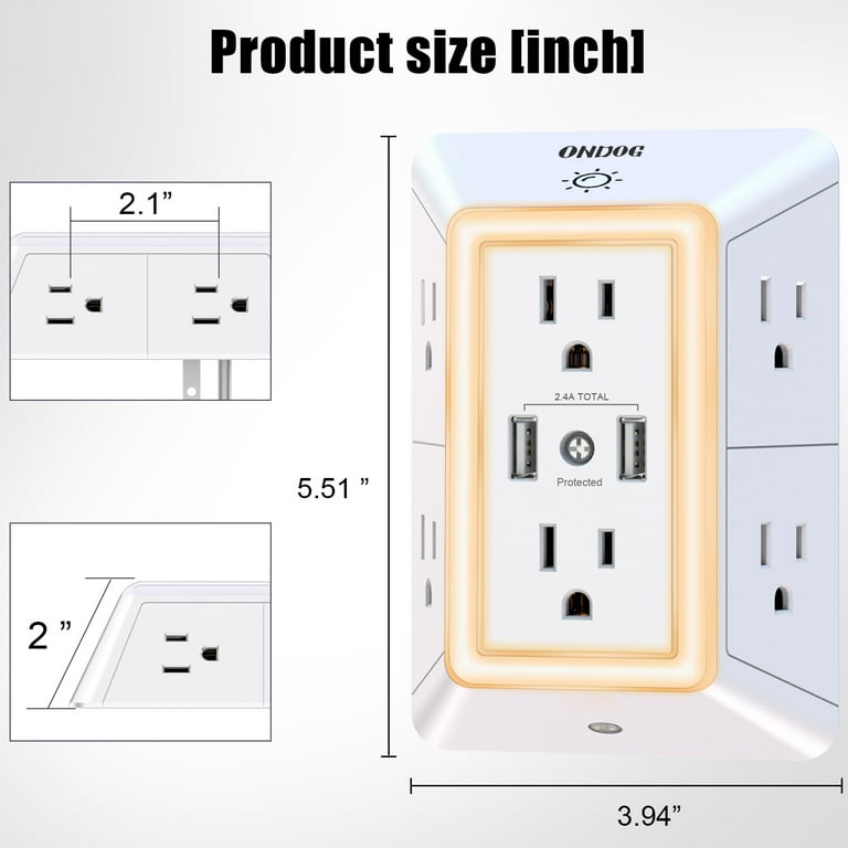 ONDOG 3-Sided Outlet Extender with 6 AC Outlets & 2 USB Ports, Wall Plug Splitter Surge Protector extra image