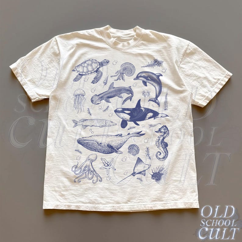 Title: Vintage Sea Life T-Shirt Ocean Animals Graphic Tee, 90s Retro Whale Dolphin Turtle Shirt | AmazPromo