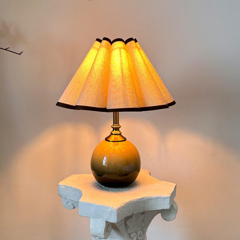Handmade Brown Ceramic Table Lamp with Pleated Petal Shade – Modern Bedroom & Living Room Decor | AmazPromo