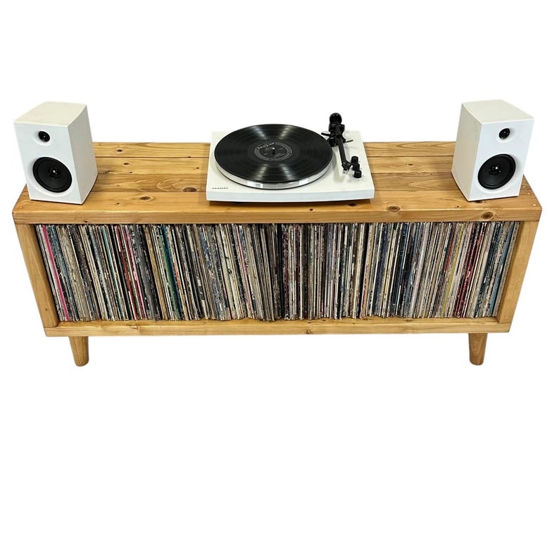 Mid Century Modern Record Player Stand – Handmade Wooden Vinyl Record Cabinet Storage Console | AmazPromo