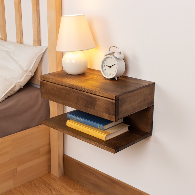 Modern Walnut Floating Nightstand with Drawer – Handmade Solid Wood Bedside Table, Wall Mounted Nigh | AmazPromo
