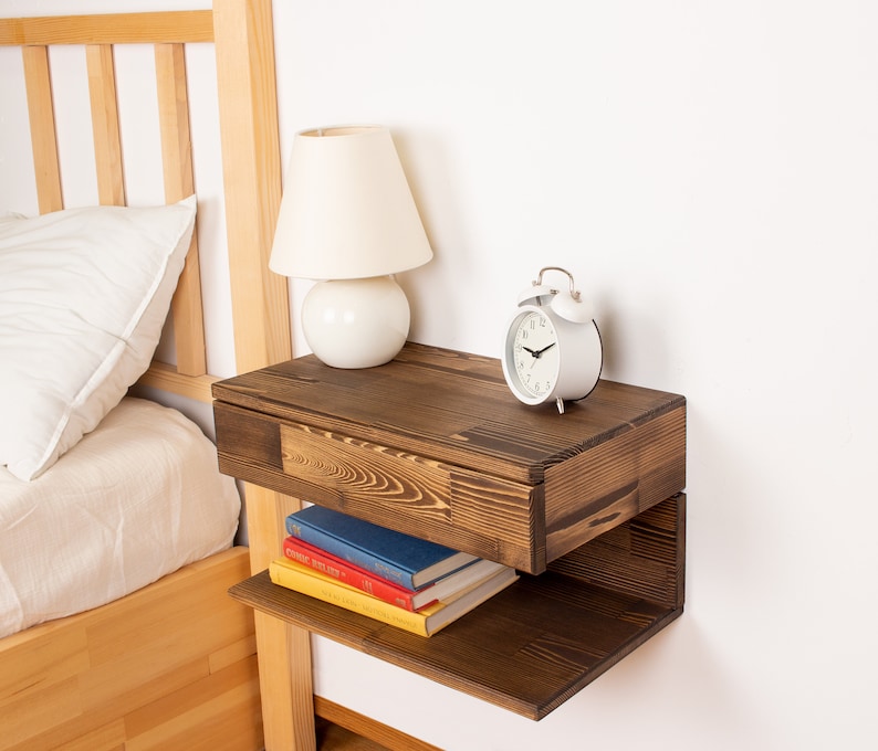 Modern Walnut Floating Nightstand with Drawer – Handmade Solid Wood Bedside Table, Wall Mounted Nigh | AmazPromo