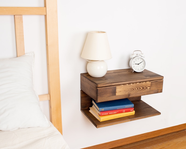 Modern Walnut Floating Nightstand with Drawer – Handmade Solid Wood Bedside Table, Wall Mounted Nigh | AmazPromo