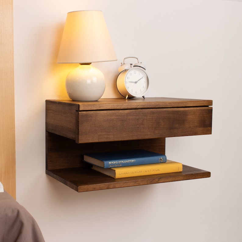 Modern Walnut Floating Nightstand with Drawer – Handmade Solid Wood Bedside Table, Wall Mounted Nigh extra image