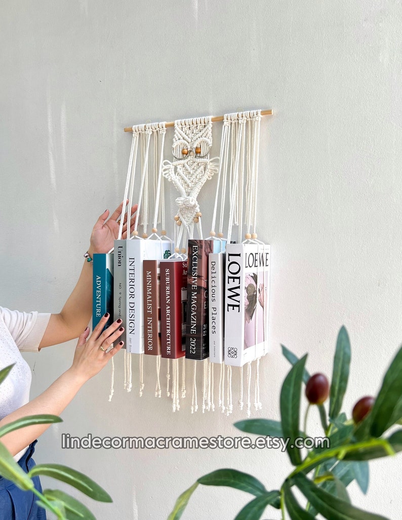 Macrame Owl Hanging Bookshelf – Handmade Boho Book Holder, Unique Wall Storage Organizer, Cotton Owl | AmazPromo