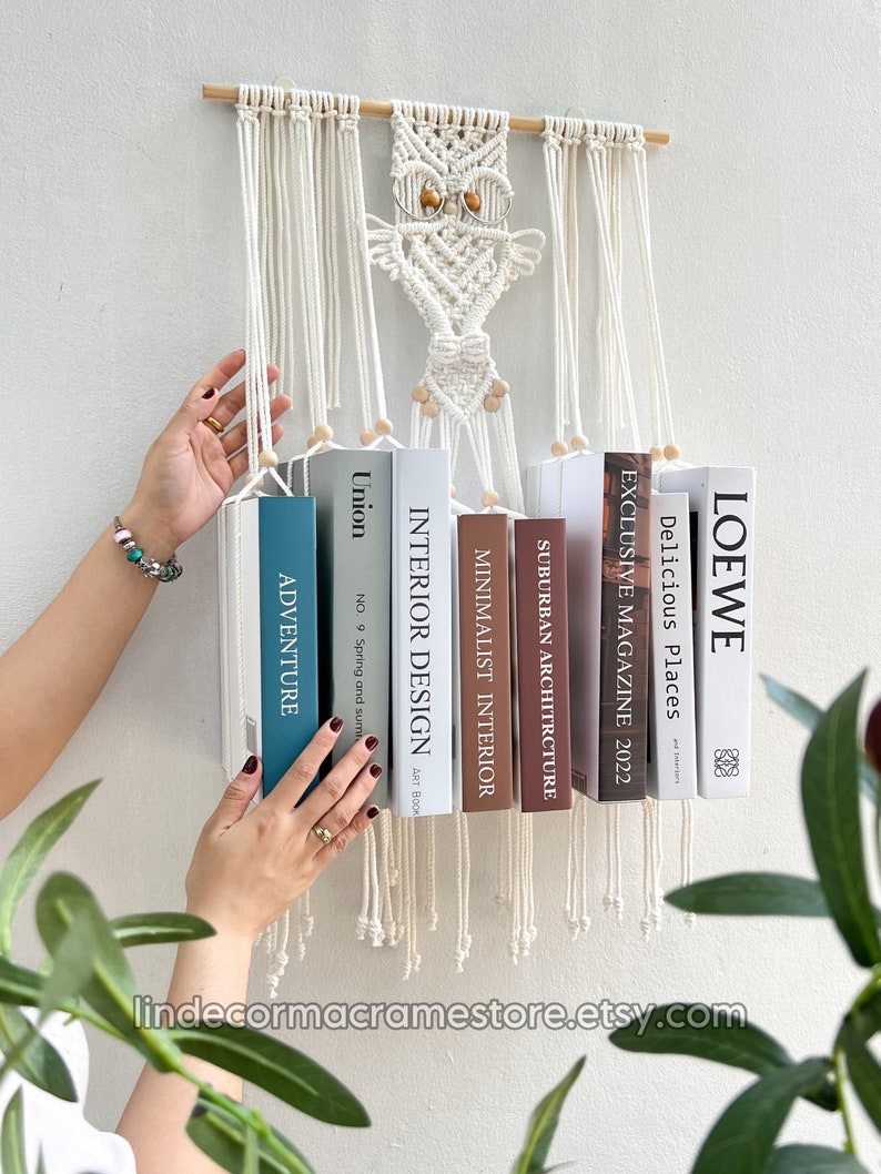 Macrame Owl Hanging Bookshelf – Handmade Boho Book Holder, Unique Wall Storage Organizer, Cotton Owl | AmazPromo