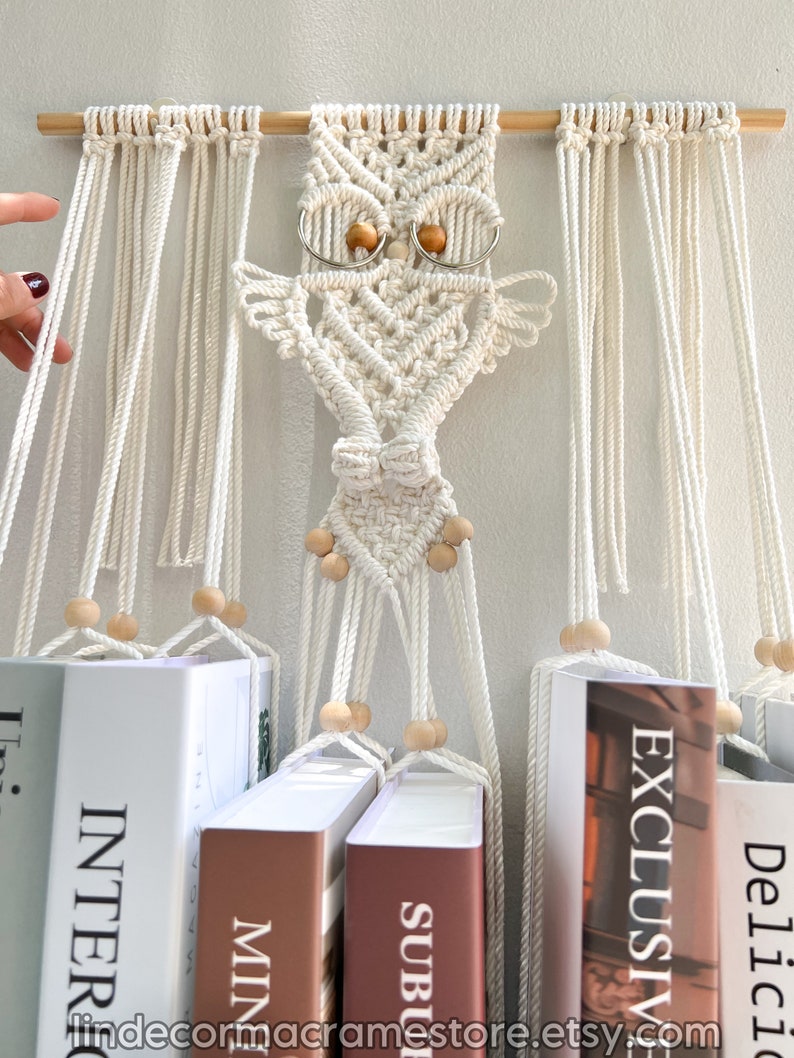 Macrame Owl Hanging Bookshelf – Handmade Boho Book Holder, Unique Wall Storage Organizer, Cotton Owl | AmazPromo