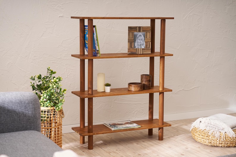 Solid Pine Wood Bookshelf – Mid Century Modern 4-Tier Bookcase, Handmade Wooden Storage Shelf | AmazPromo