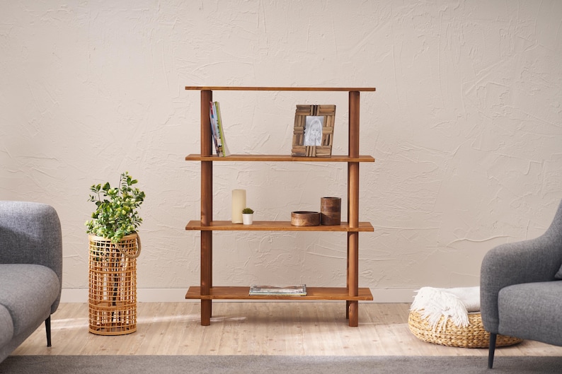 Solid Pine Wood Bookshelf – Mid Century Modern 4-Tier Bookcase, Handmade Wooden Storage Shelf | AmazPromo