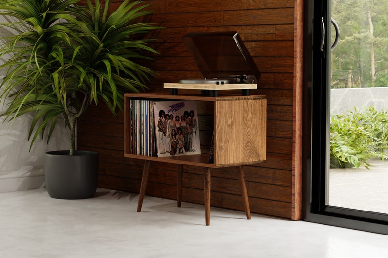 Mid Century Modern Record Player Stand with Vinyl Storage | Handmade Solid Wood Turntable Console | | AmazPromo