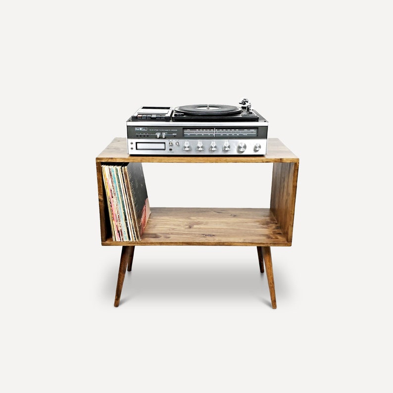 Mid Century Modern Record Player Stand with Vinyl Storage | Handmade Solid Wood Turntable Console | | AmazPromo